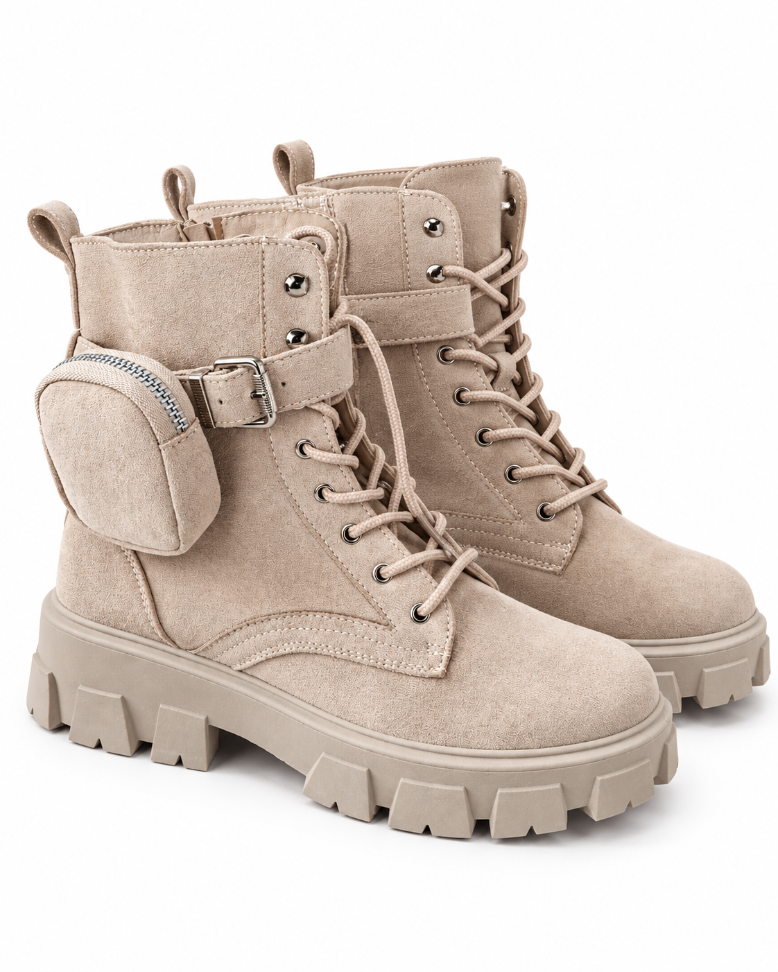 Beige Suede-Look Chunky Ankle Boots with Detachable Pouch