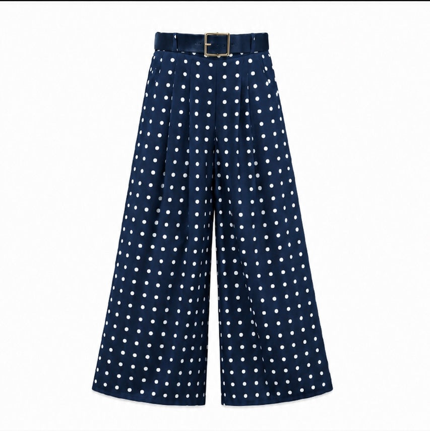 Navy Polka Dots Wide Leg Belted Trousers