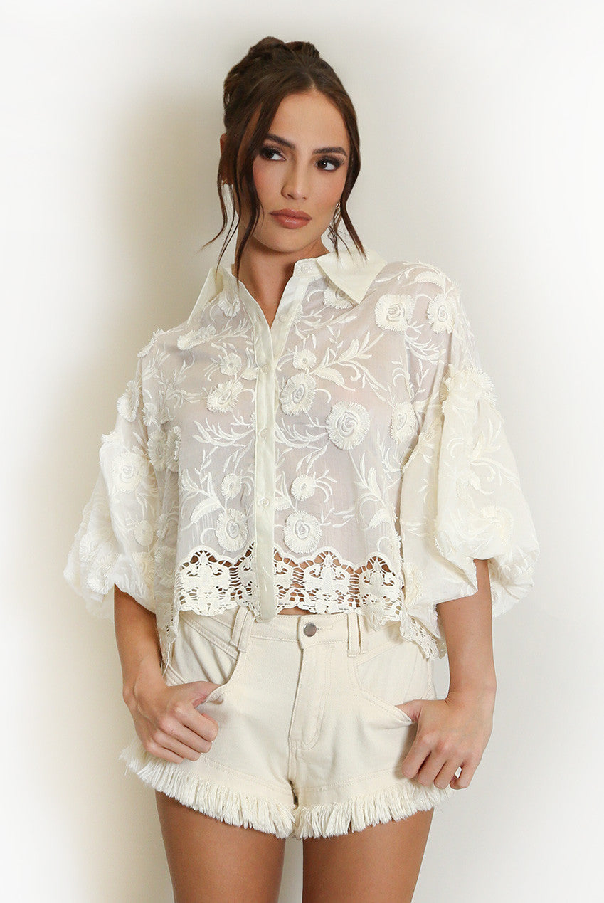 Lace Embroidered Puff Sleeve Blouse
