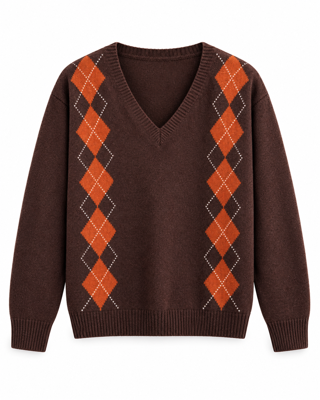 Chocolate Brown Argyle V-Neck Jumper