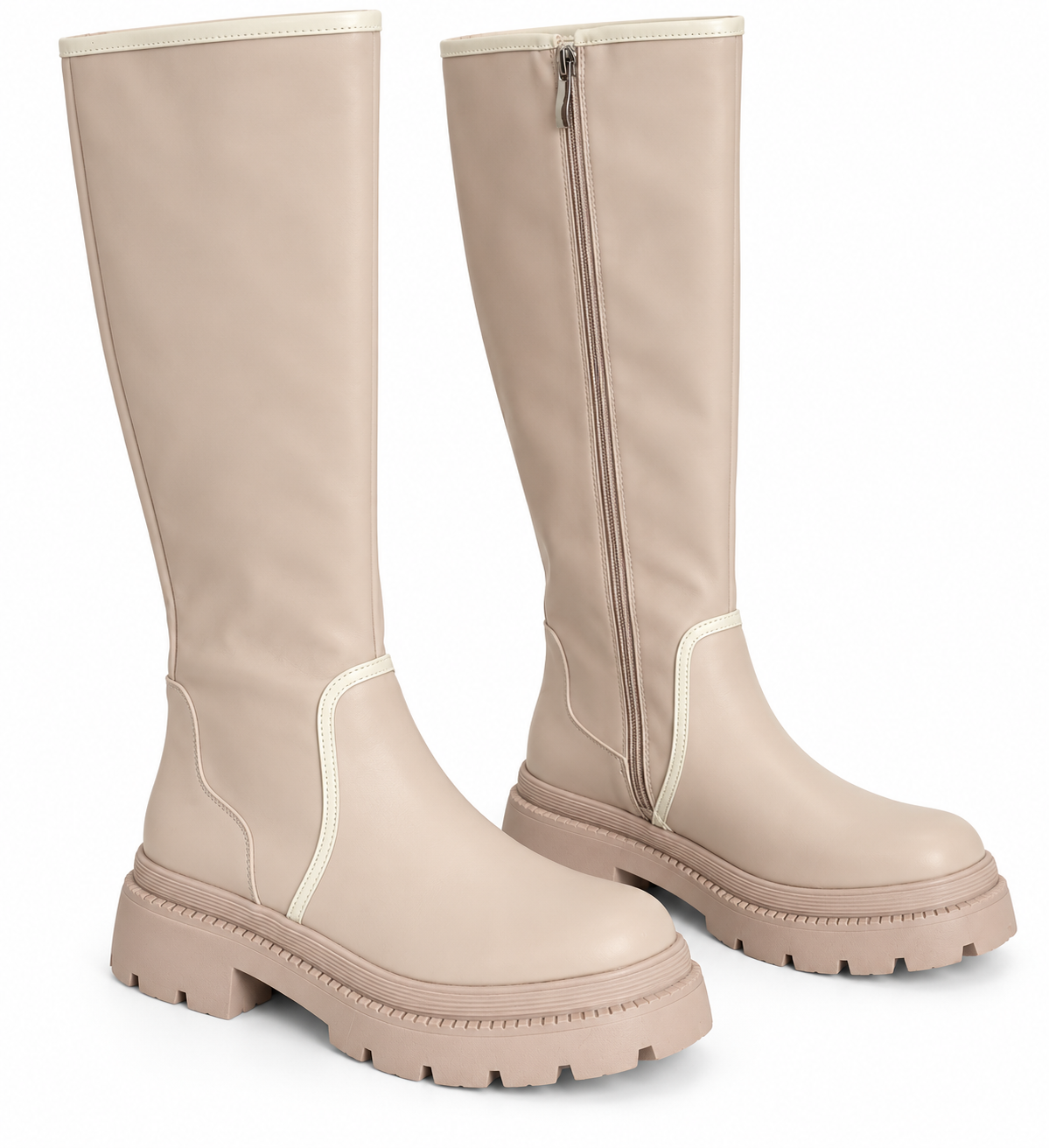 Beige Chunky Knee-High Platform Boots
