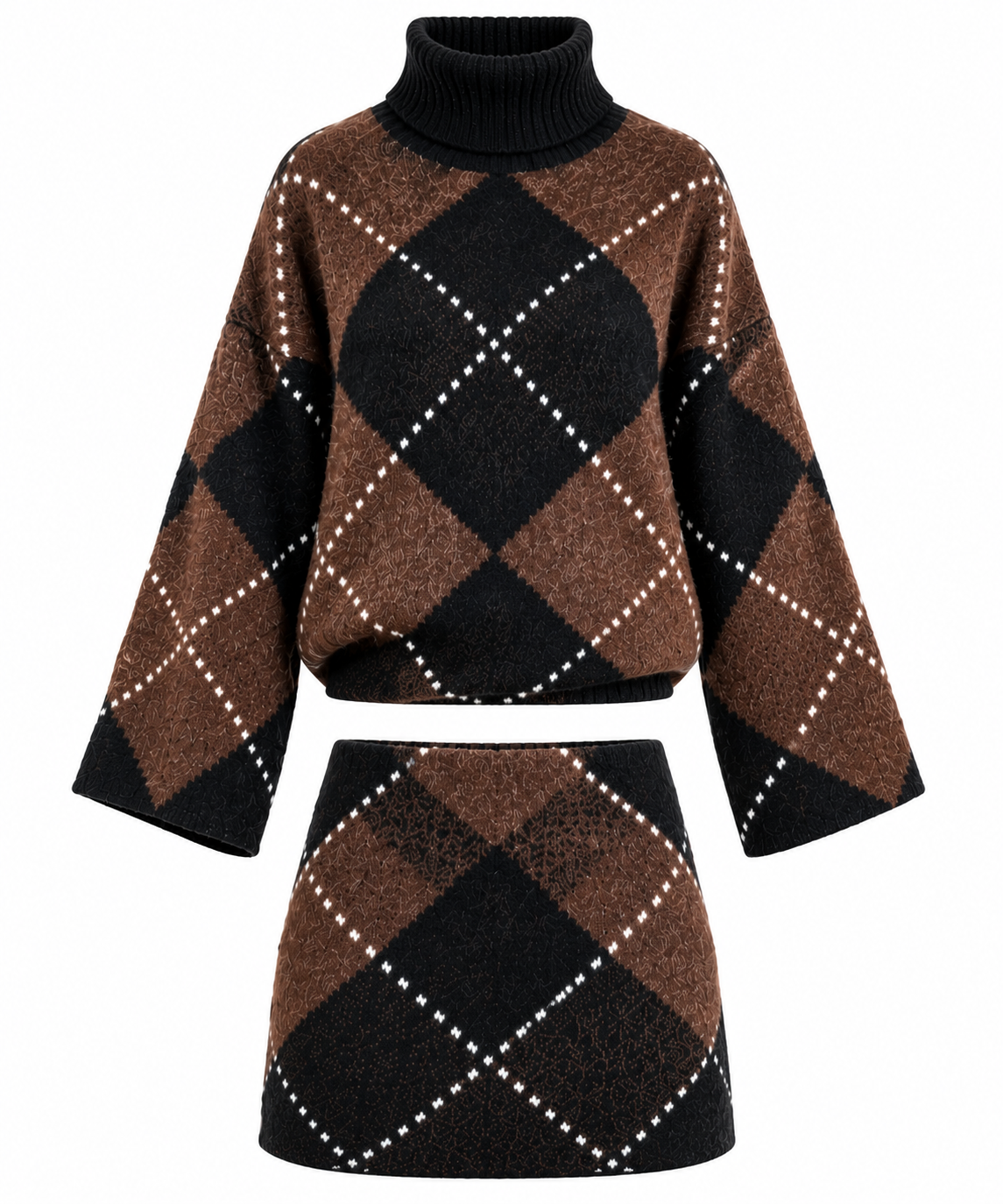 Chocolate Brown & Black Argyle Knitted Two-Piece Set