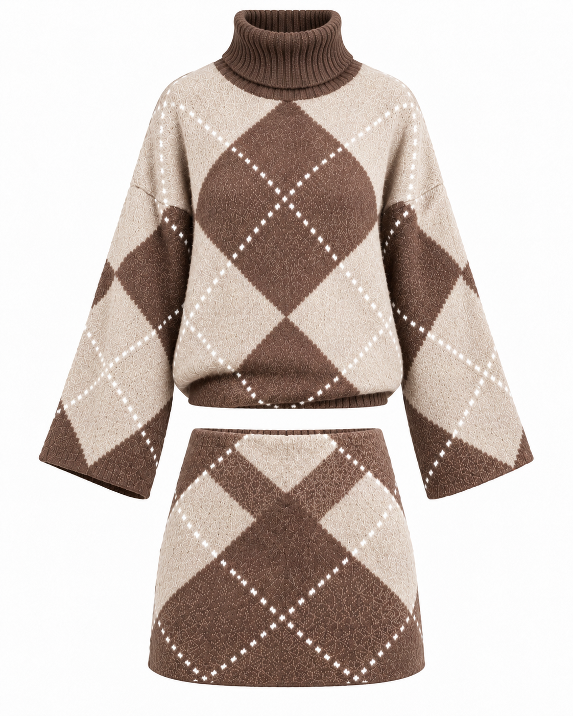 Taupe & Chocolate Brown Argyle Knitted Two-Piece Set