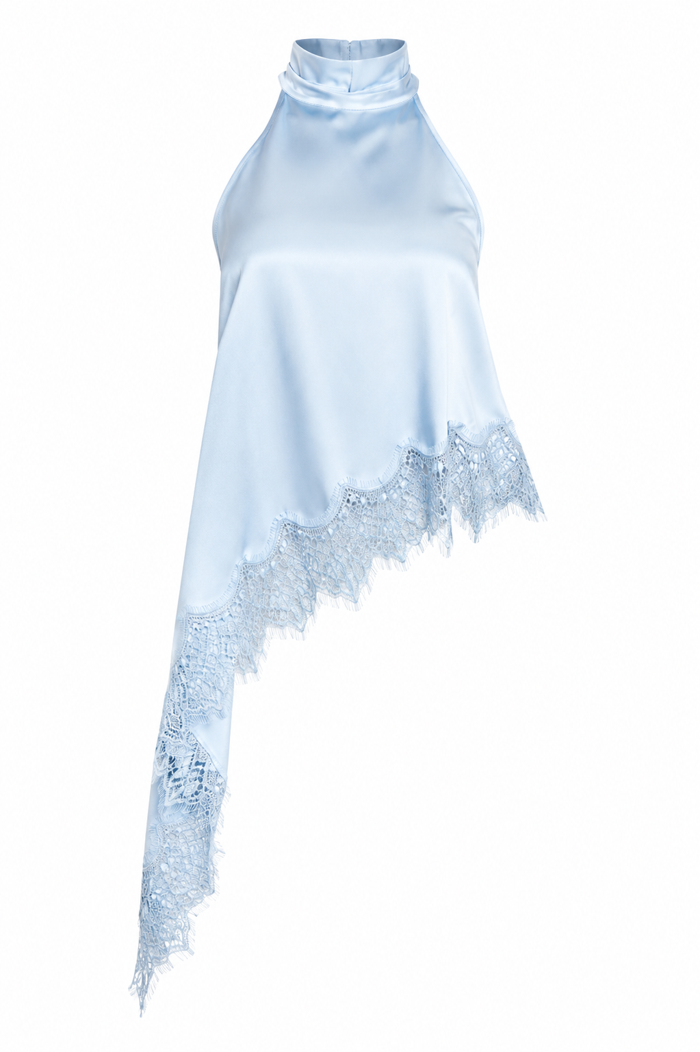 Blue Satin Halter Neck Lace Hem Top