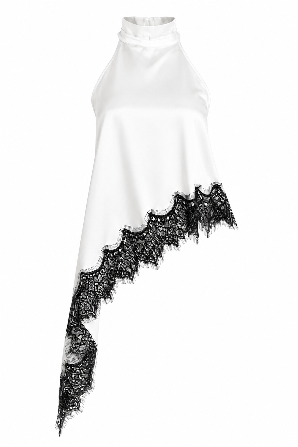 White Satin Halter Neck Lace Hem Top