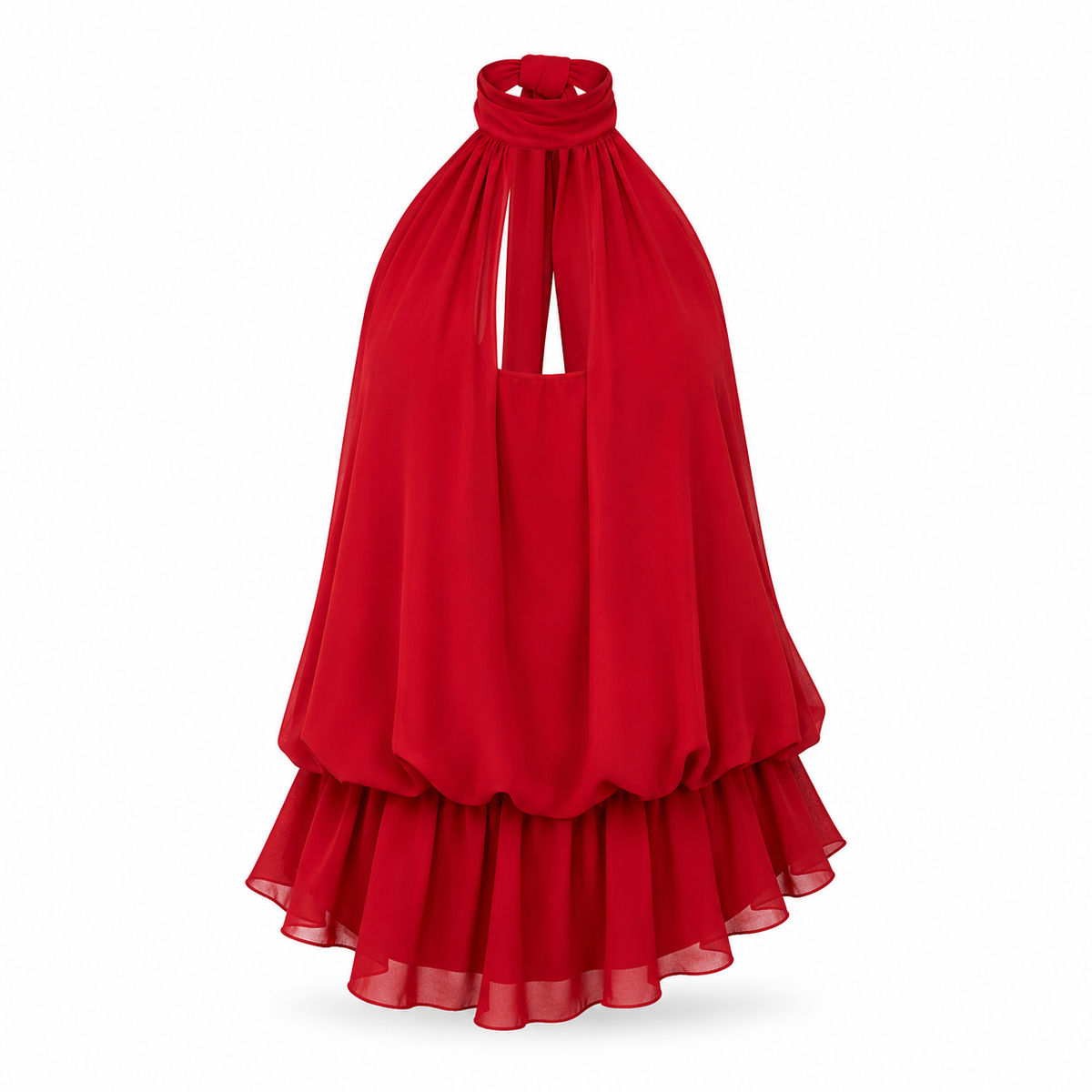 Red Halter Tiered Hem Playsuit