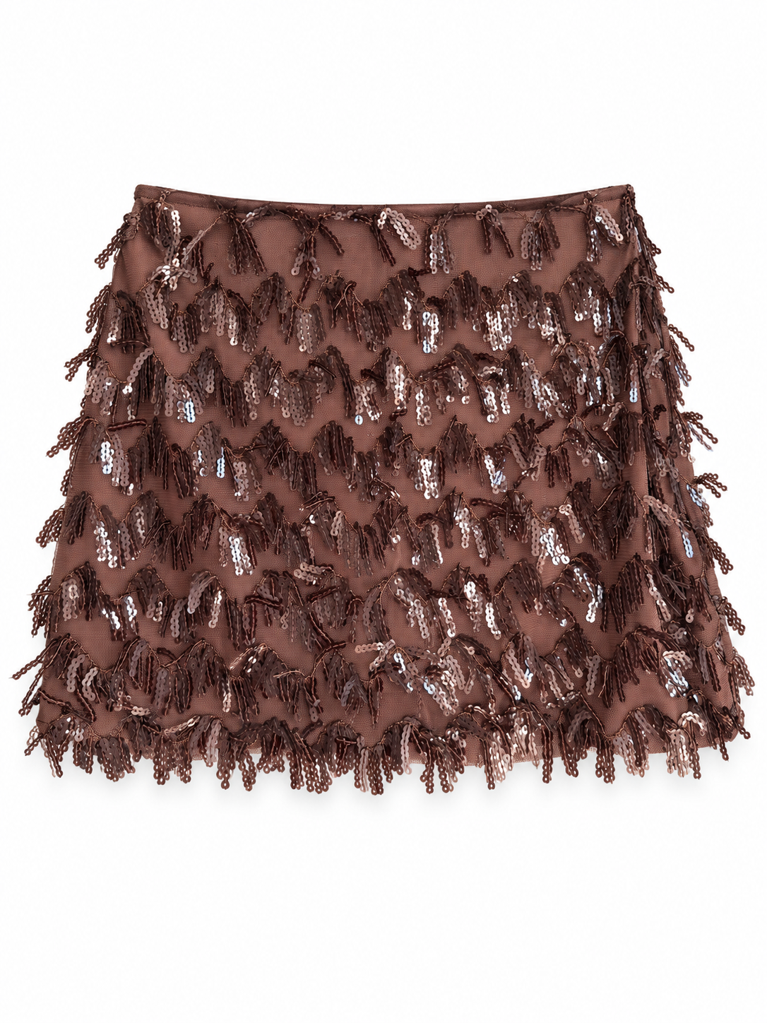 Chocolate-brown sequin fringe mini skirt.
