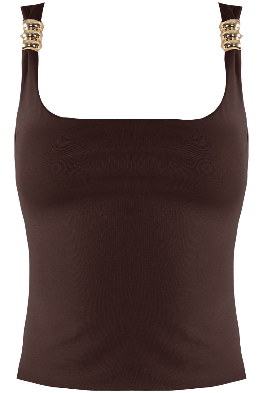 Brown Metal Detail Square Neck Top