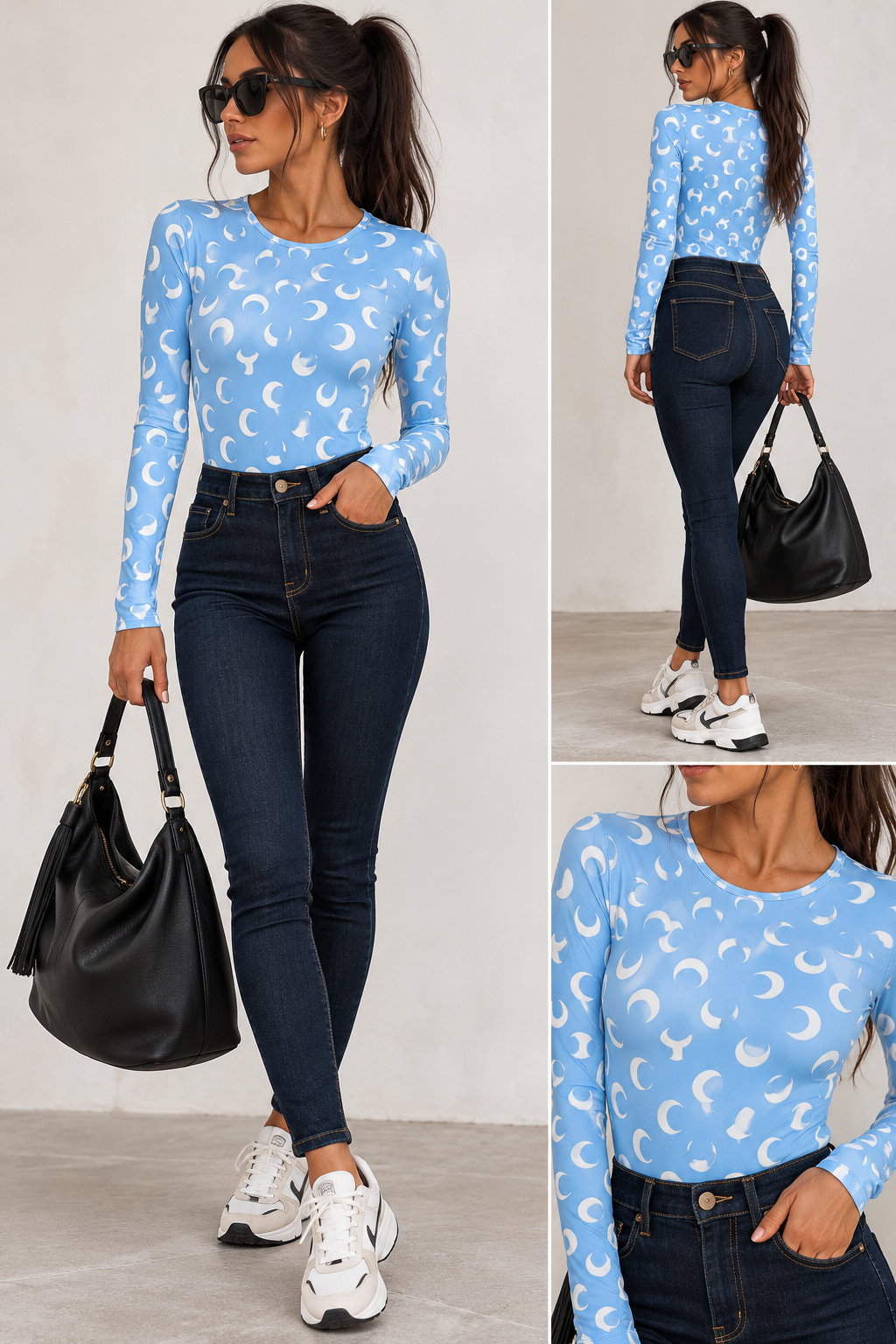 Baby Blue Moon Print Long Sleeve Bodysuit