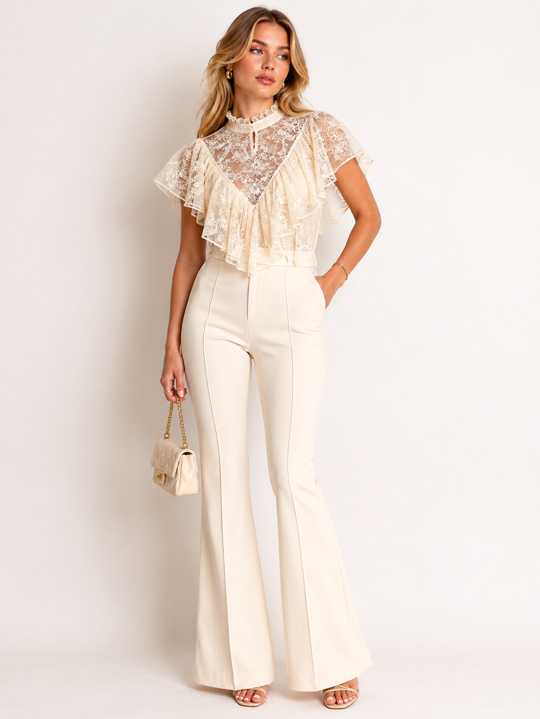 Tailored Flare Trousers in Cream
