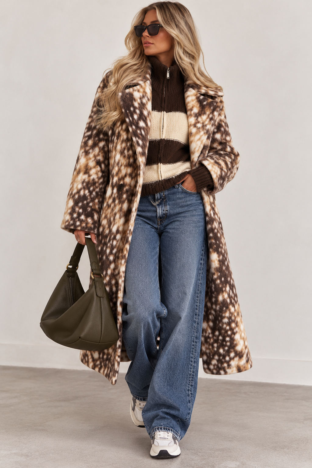 Deer Print Longline Coat – Brown & Cream