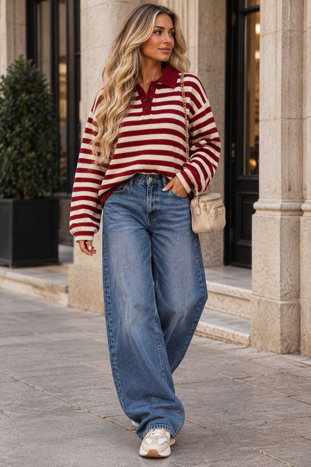Burgundy & Cream Striped Collared Jumper