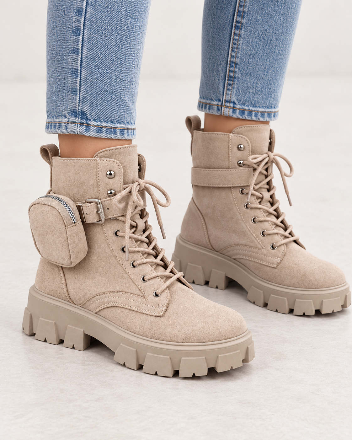 Beige Suede-Look Chunky Ankle Boots with Detachable Pouch