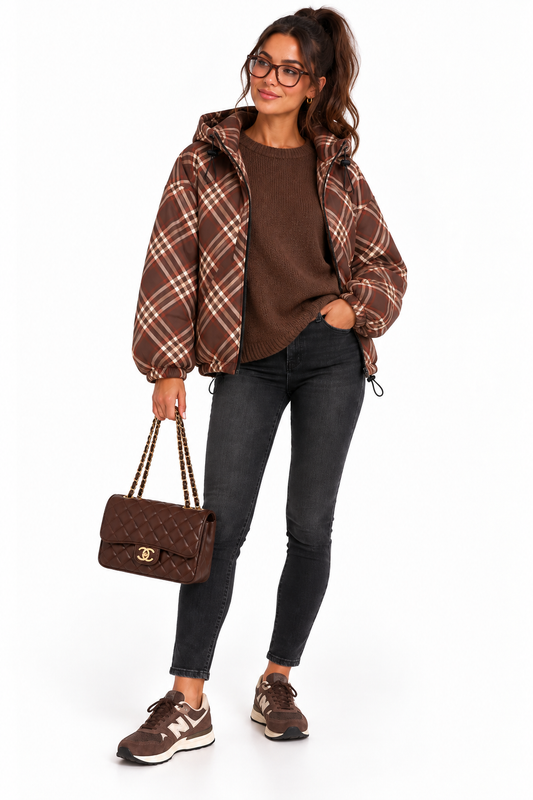 Brown Plaid Check Hooded Jacket