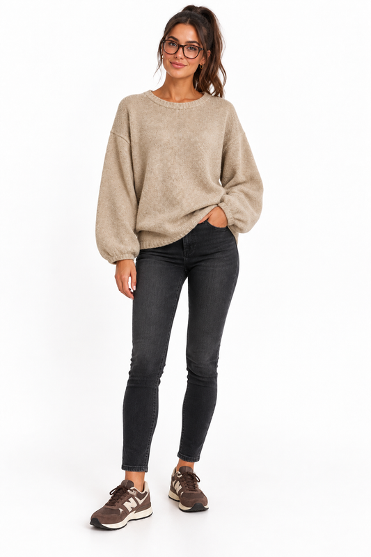 Taupe Fine Knit Jumper With Asymmetric Hem