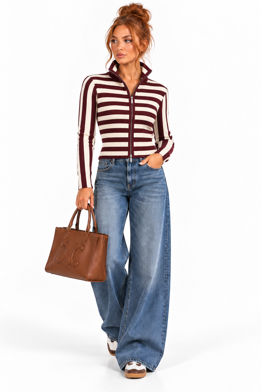 Burgundy & Cream Fitted Striped Full Zip Cardigan