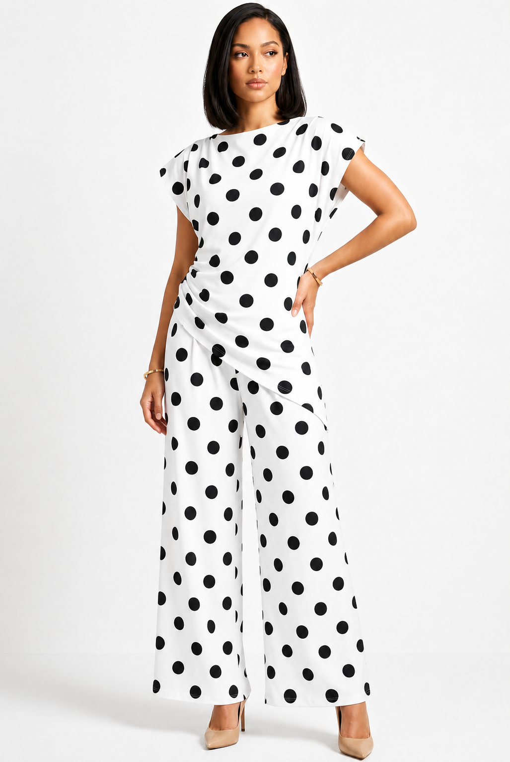 Padded shoulder Polka Dots Wrap Blouse and Trouser Set