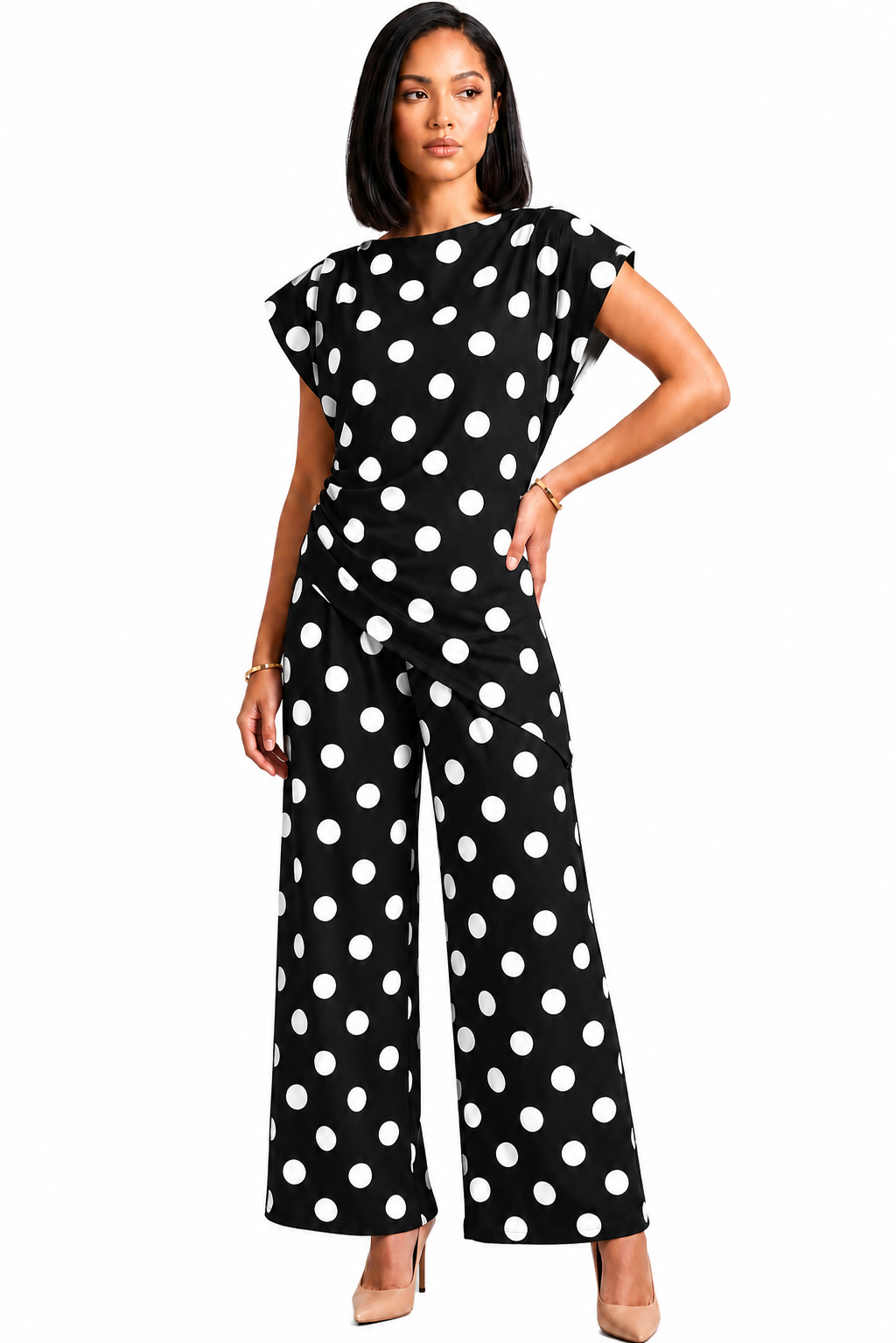 Padded shoulder Polka Dots Wrap Blouse and Trouser Set