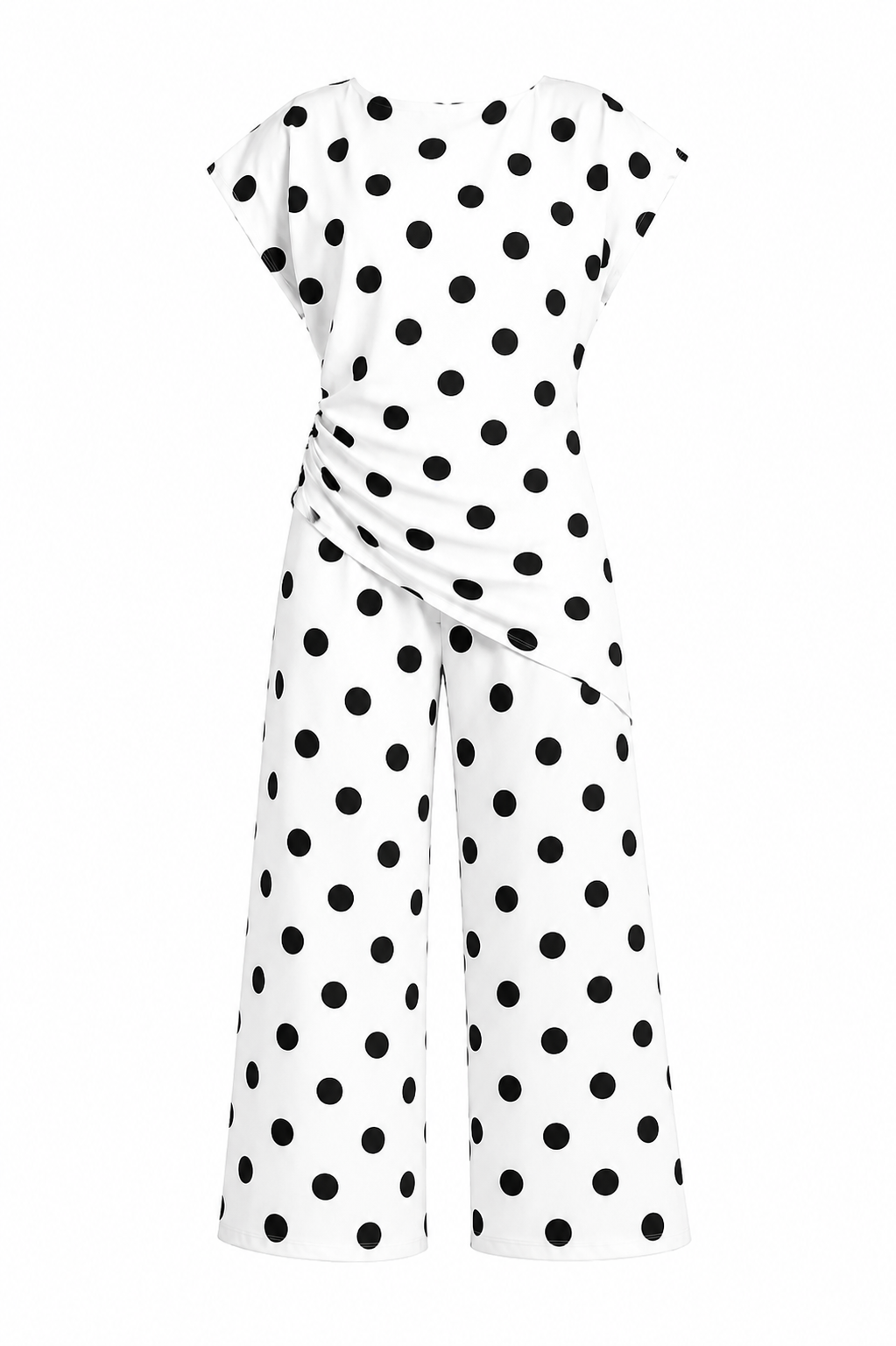 Padded shoulder Polka Dots Wrap Blouse and Trouser Set