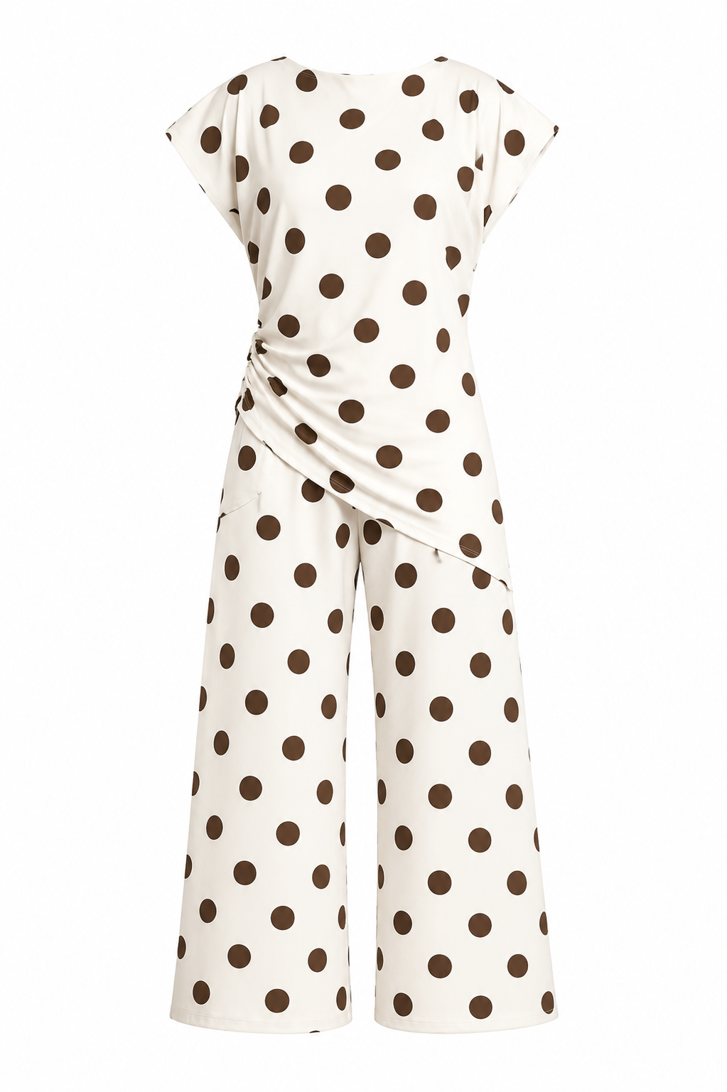 Padded shoulder Polka Dots Wrap Blouse and Trouser Set