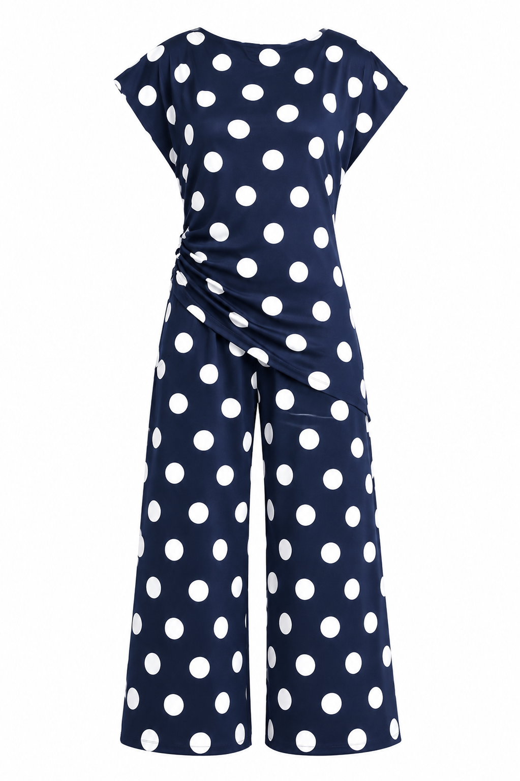 Padded shoulder Polka Dots Wrap Blouse and Trouser Set