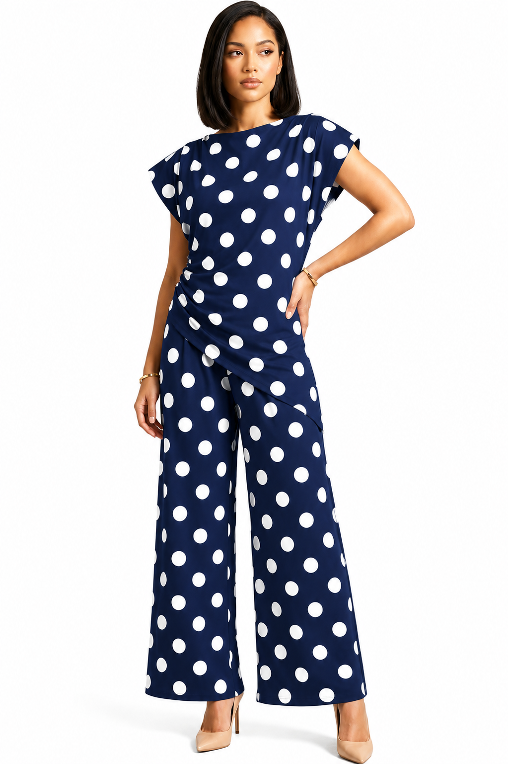 Padded shoulder Polka Dots Wrap Blouse and Trouser Set