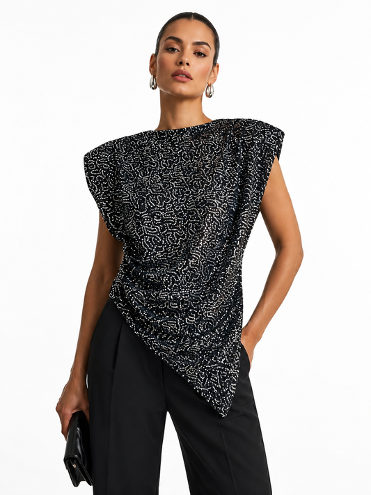 Asymmetric Sequin Padded Shoulder Top