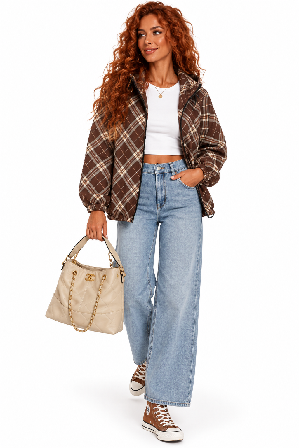Brown Plaid Check Hooded Jacket