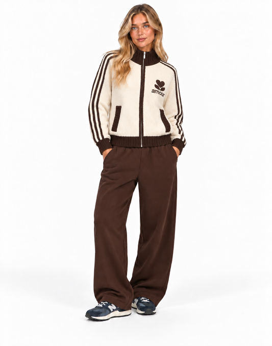 CREAM & TAUPE Amour Zip Up Wool Cardigan