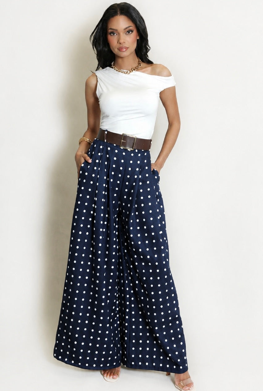 Navy Polka Dots Wide Leg Belted Trousers