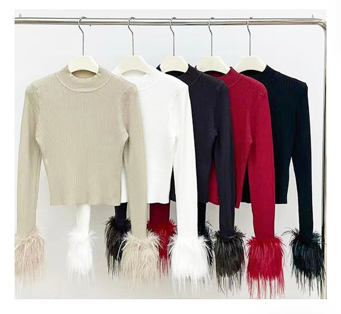 FAUUX FUR CUFF RIBBED JUMPER