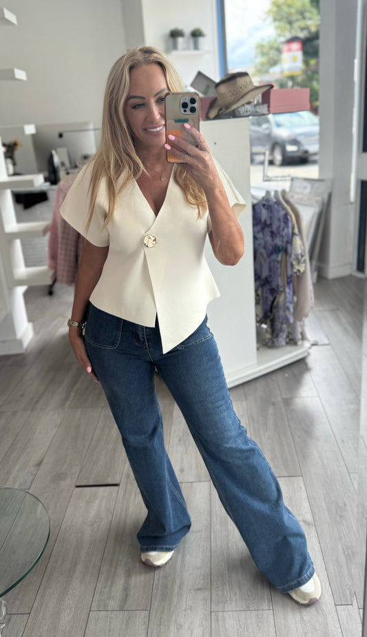 Fine Knit One Button Wrap Top