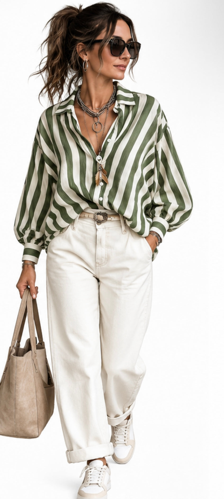 Cream & Green Striped Blouse