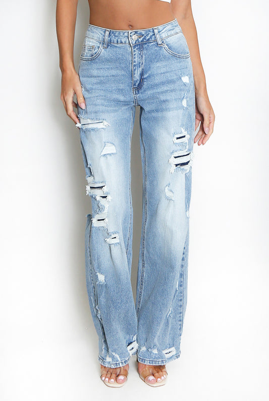 BLUE RIPPED STRAIGHT DENIM JEANS