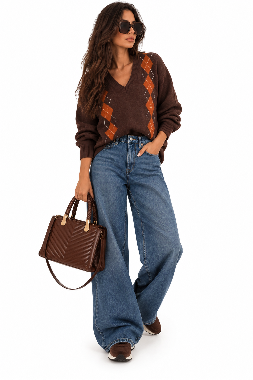 Chocolate Brown Argyle V-Neck Jumper