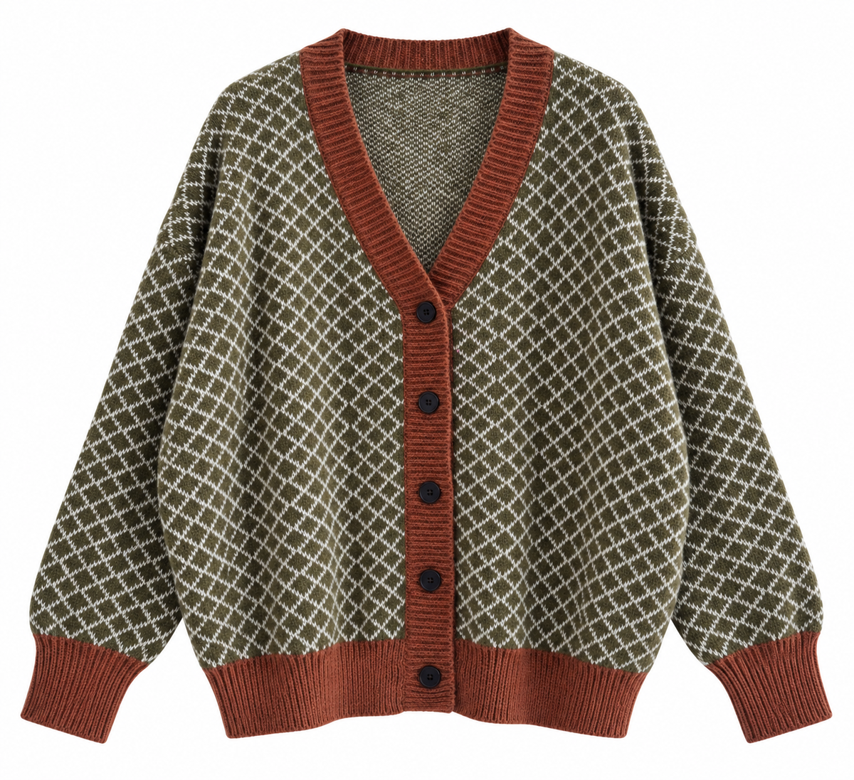 Olive Green & Chocolate Brown Oversized Knit Cardigan