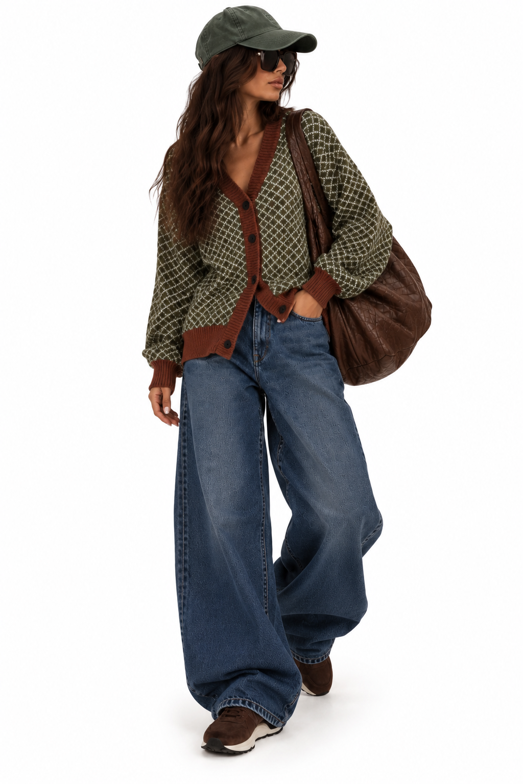 Olive Green & Chocolate Brown Oversized Knit Cardigan
