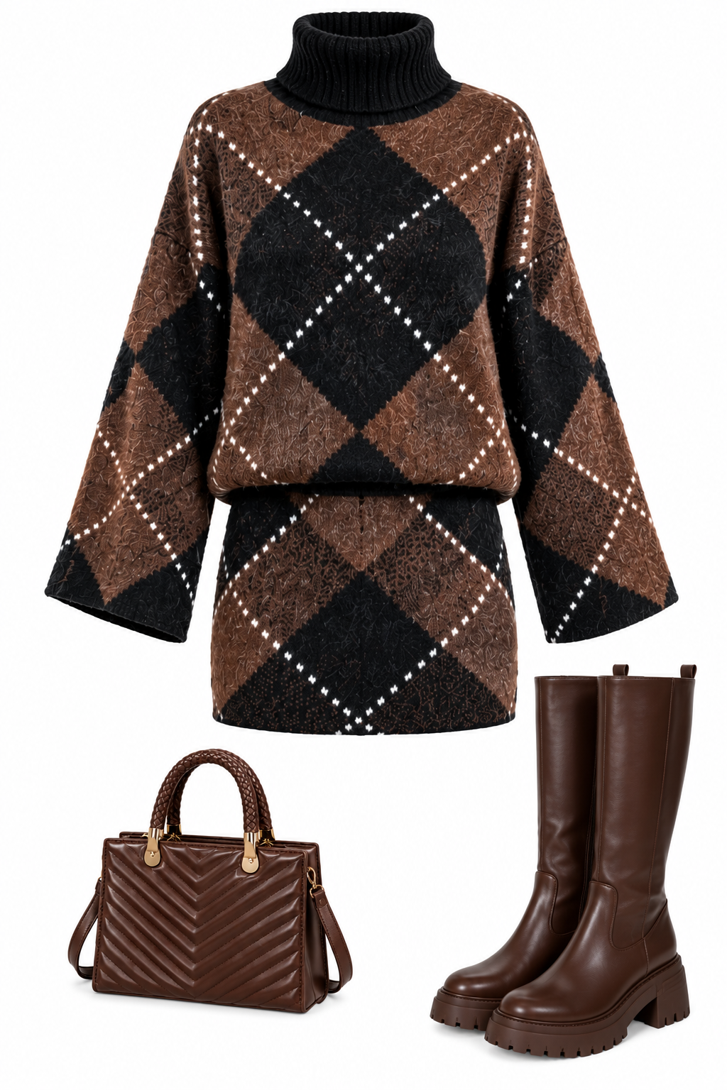 Chocolate Brown & Black Argyle Knitted Two-Piece Set
