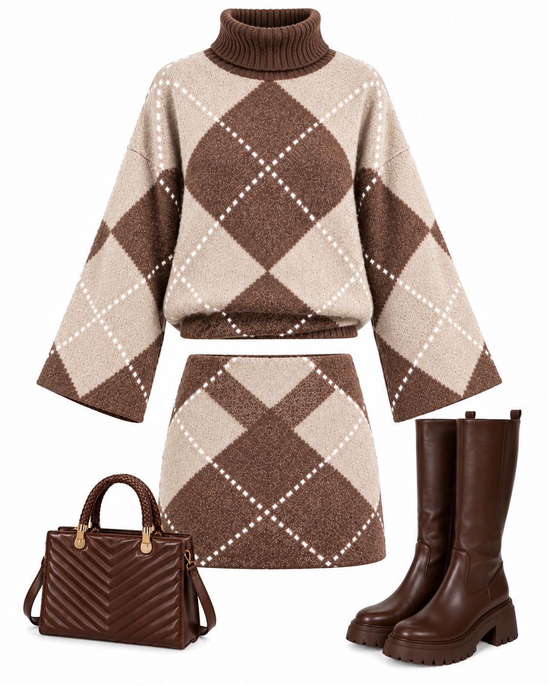 Taupe & Chocolate Brown Argyle Knitted Two-Piece Set