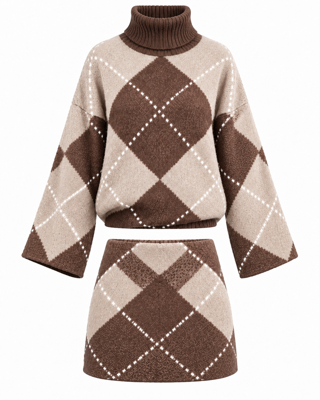 Taupe & Chocolate Brown Argyle Knitted Two-Piece Set