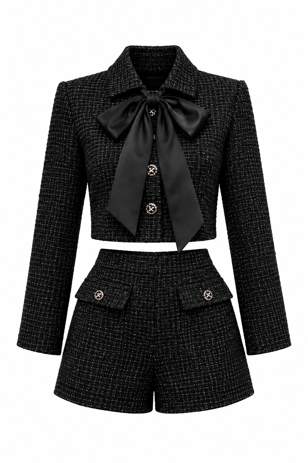 Black Tweed Bow Detail Two-Piece Shorts Set
