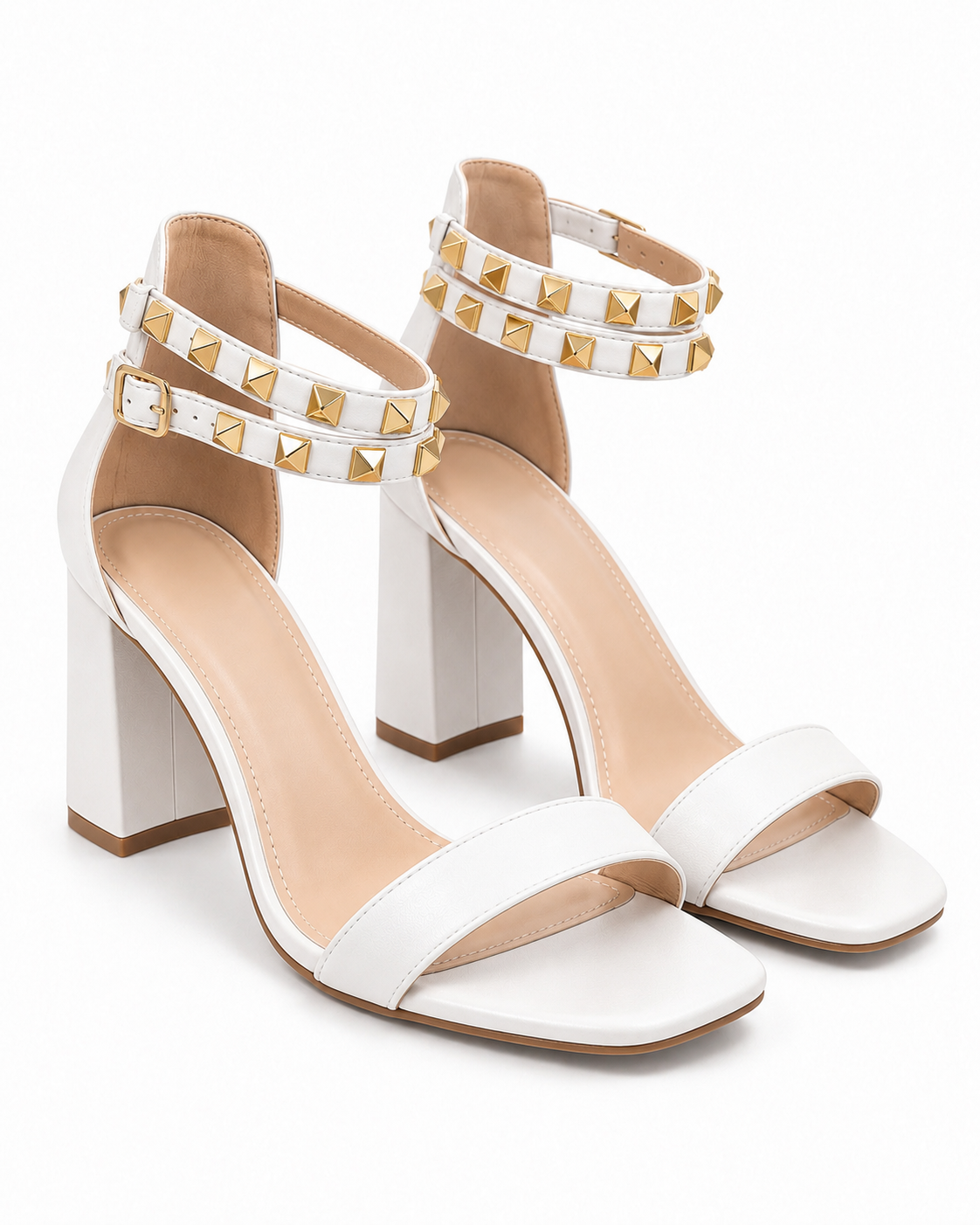 White Studded Block Heel Sandals