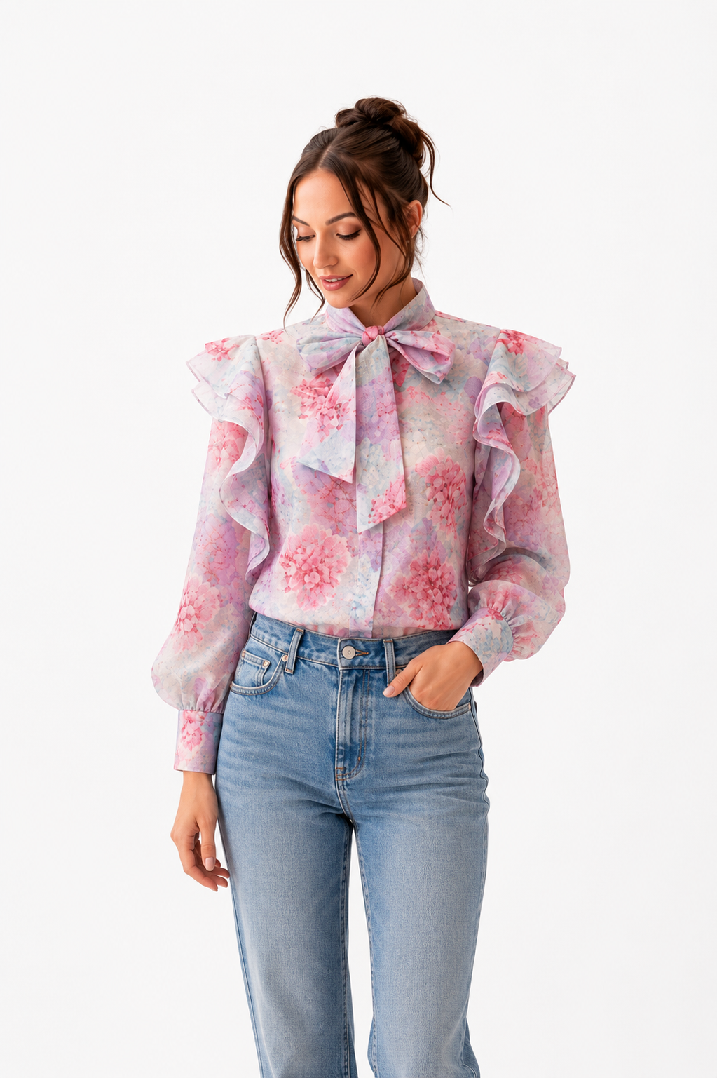 Vintage Floral Print Pussy Bow Blouse