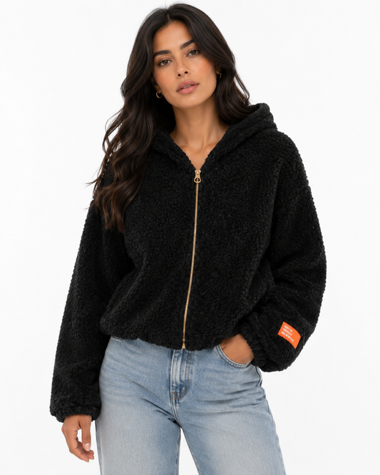 Black Wool Borg Jacket with Slogan Tag