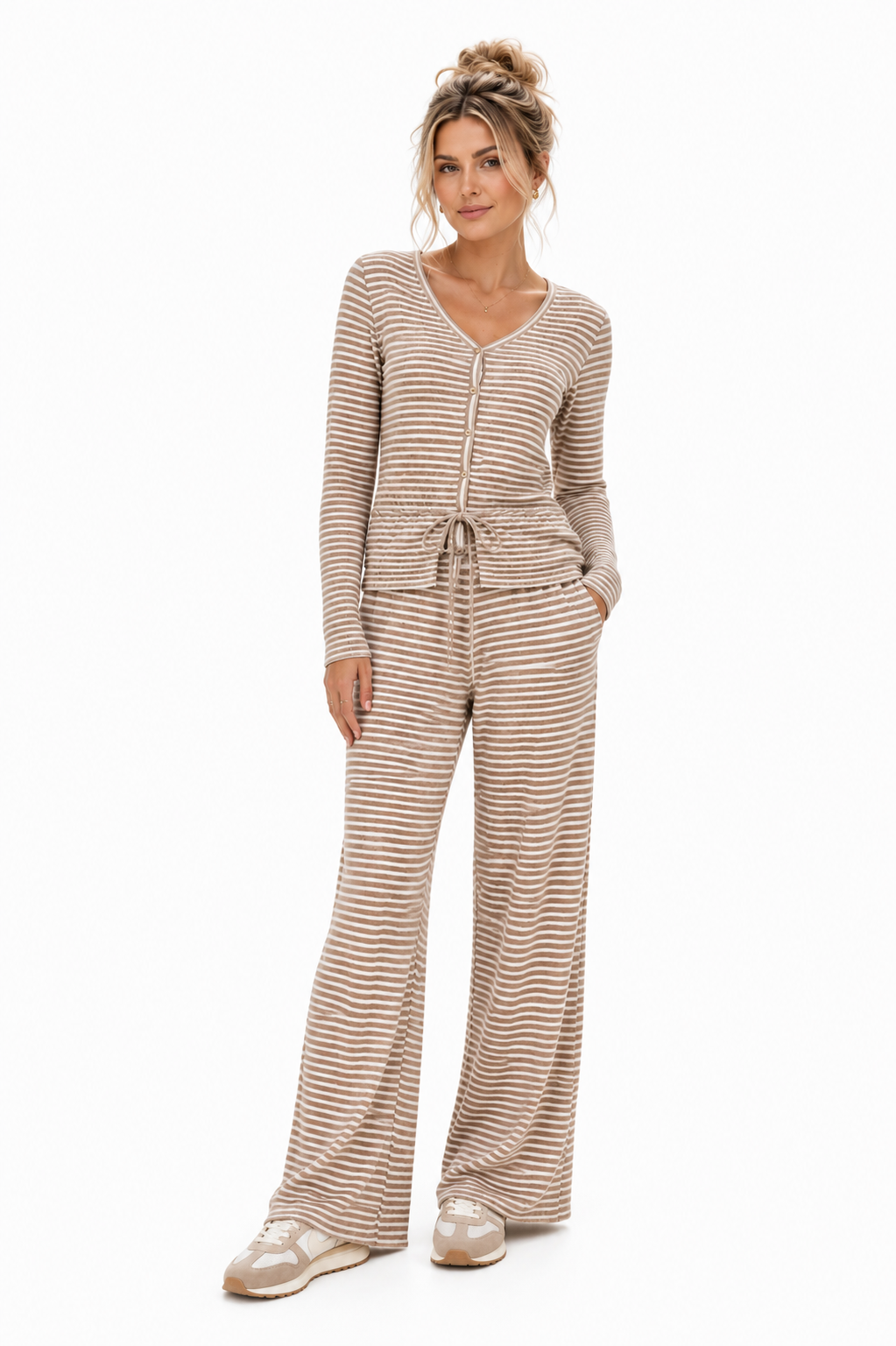 Cream & Taupe Casual Striped Co-ord