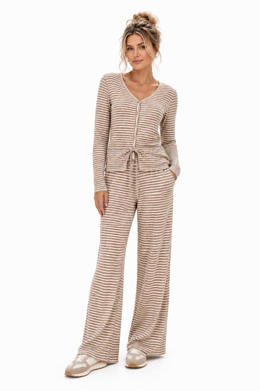 Cream & Taupe Casual Striped Co-ord