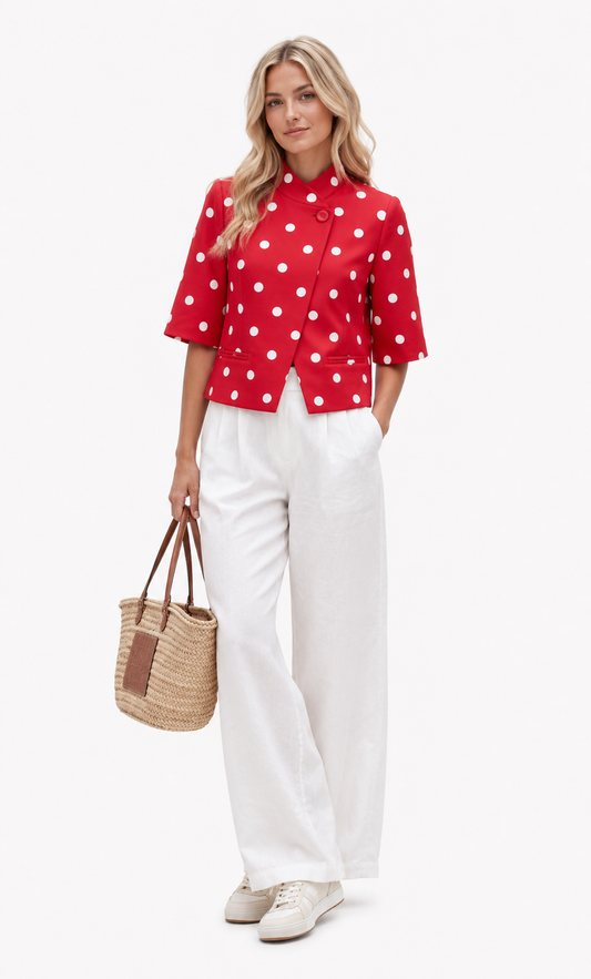 Polka Dot Short Sleeve Wrap Over Blazer