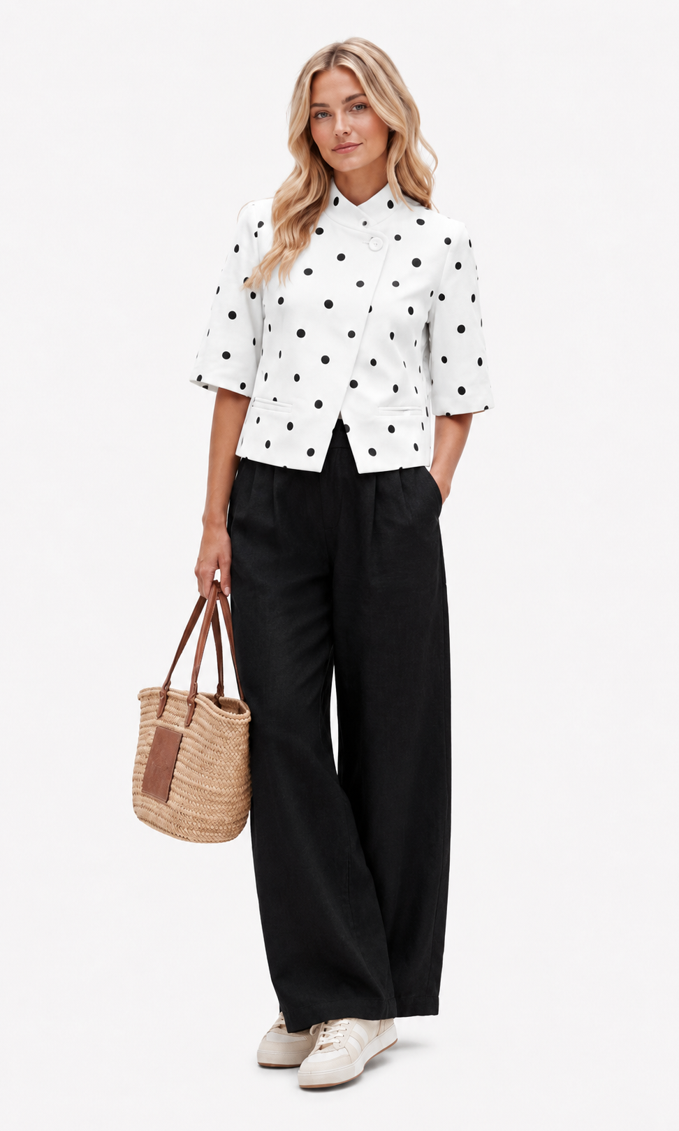 Polka Dot Short Sleeve Wrap Over Blazer