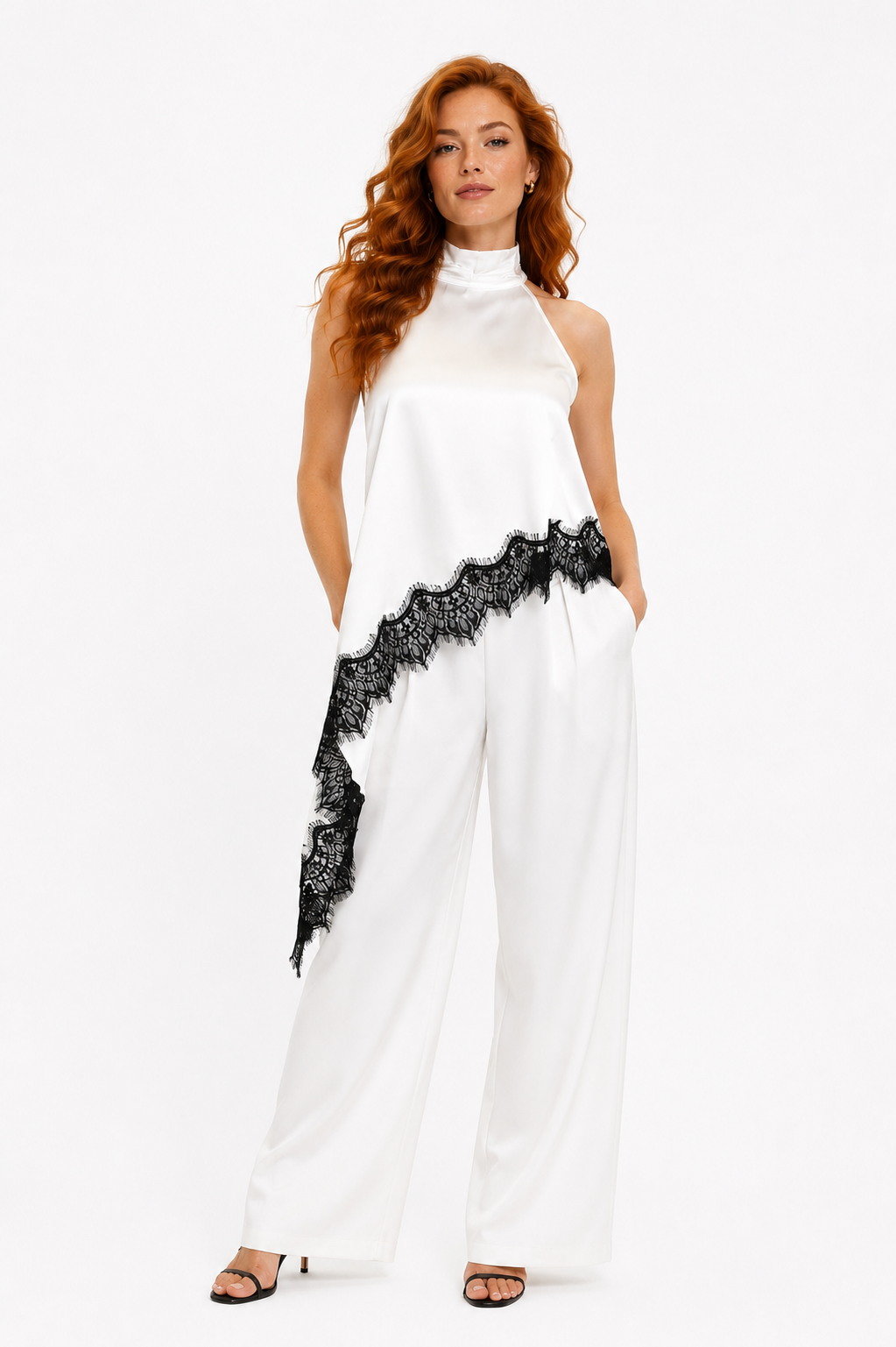 White Satin Halter Neck Lace Hem Top