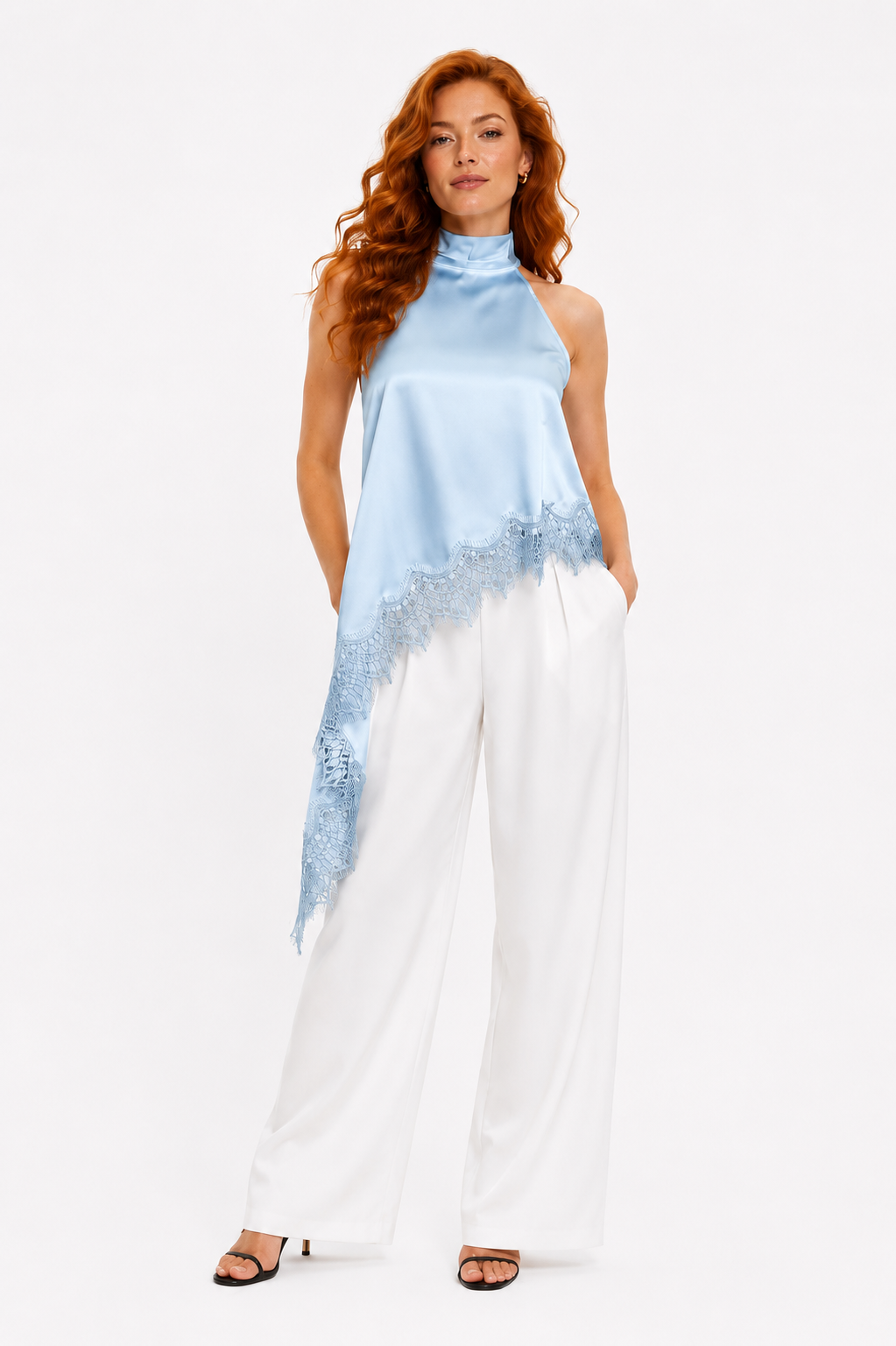 Satin Halter Neck Lace Hem Top